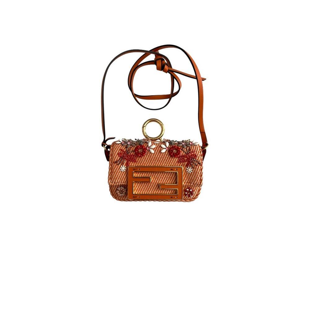 Fendi Baguette nano orange denim beaded shoulder bag